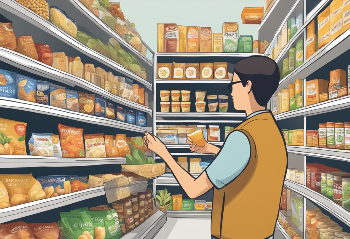 A person browsing shelves, examining labels on gluten-free snacks and convenience foods for a Mediterranean diet