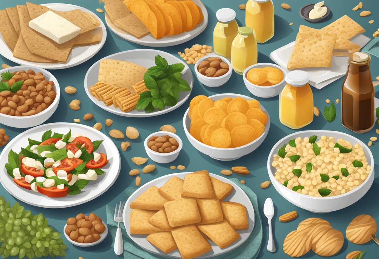 A table set with gluten-free Mediterranean snacks and convenience foods, surrounded by lifestyle and dietary adjustments materials