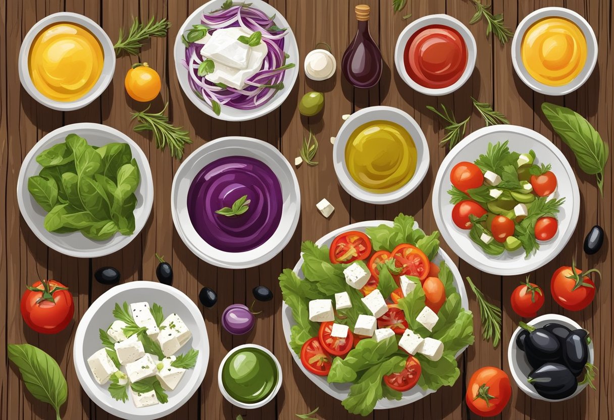 A colorful array of fresh vegetables, olives, feta cheese, and a variety of homemade Mediterranean salad dressings and sauces displayed on a rustic wooden table