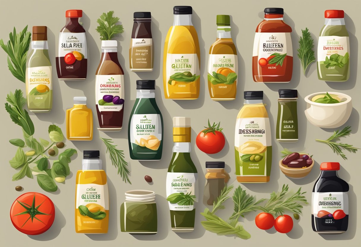 A table displays various bottles of gluten-free salad dressings and sauces, surrounded by fresh Mediterranean ingredients like olives, tomatoes, and herbs