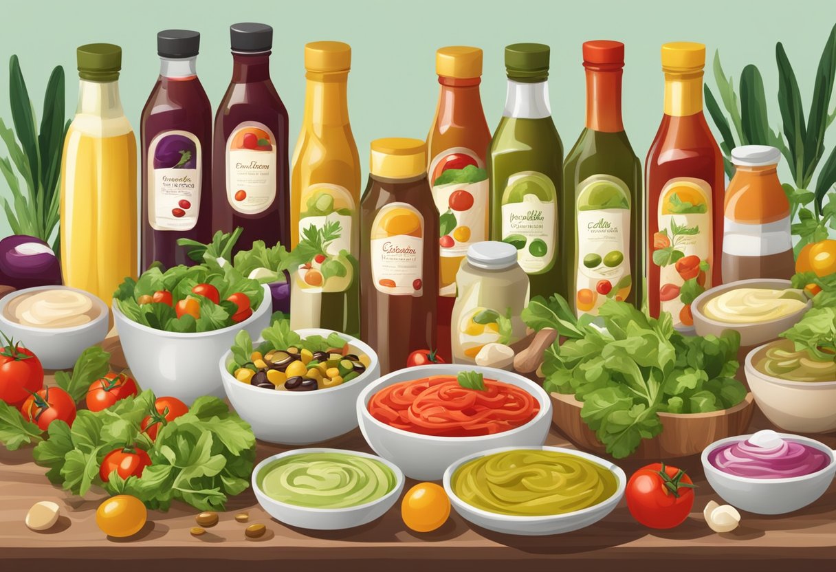 A table filled with colorful bottles of salad dressings and sauces, surrounded by fresh Mediterranean ingredients like olives, tomatoes, and herbs