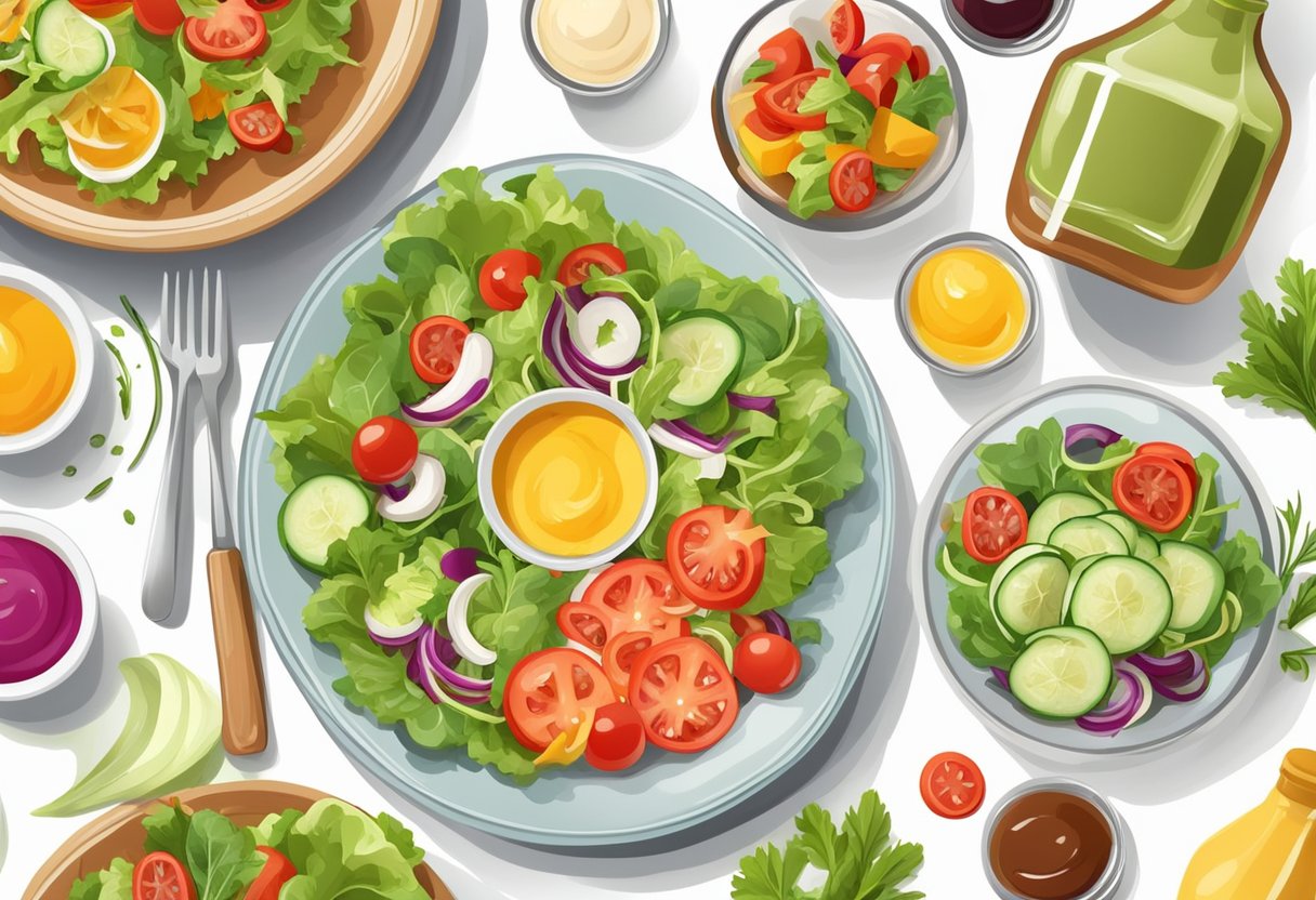 A table with a variety of salad dressings and sauces, next to a colorful Mediterranean salad with fresh vegetables and gluten-free ingredients