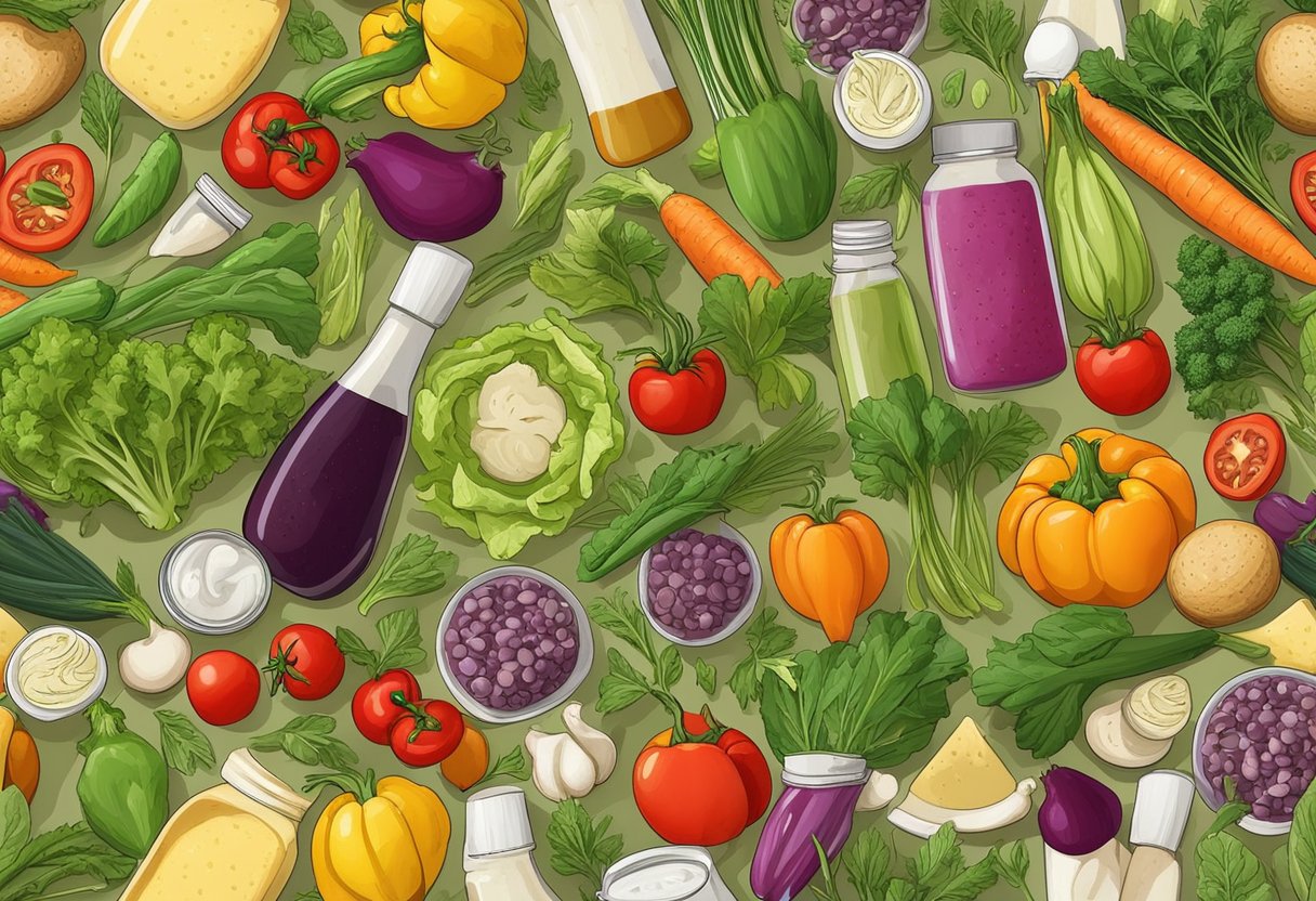 A colorful array of fresh vegetables, herbs, and gluten-free ingredients arranged around a bottle of Mediterranean-style salad dressing