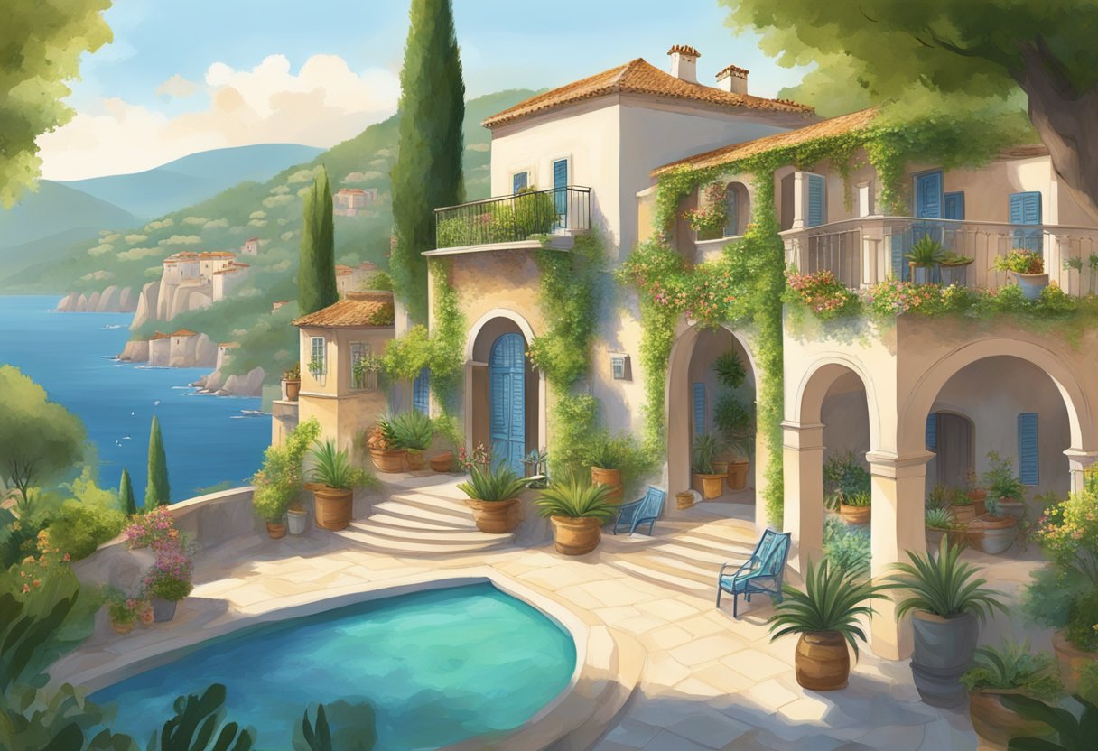 A serene Mediterranean landscape with traditional architecture, lush greenery, and people engaging in leisurely activities, symbolizing work-life balance