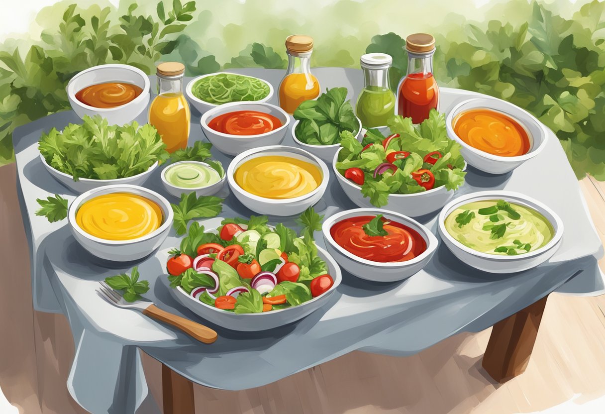 A colorful array of salad dressings and sauces, inspired by Mediterranean flavors, displayed on a table with fresh herbs and vegetables