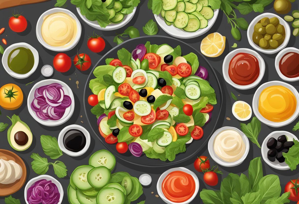 A table with a variety of colorful salad dressings and sauces, surrounded by fresh Mediterranean ingredients like olives, tomatoes, and cucumbers