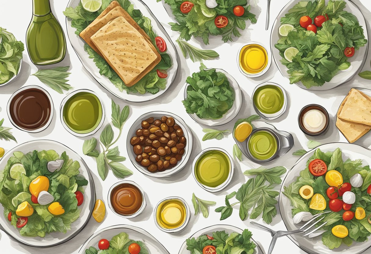 A colorful array of gluten-free salad dressings and sauces arranged on a Mediterranean-themed table setting. Ingredients like olive oil, balsamic vinegar, and herbs are prominently displayed