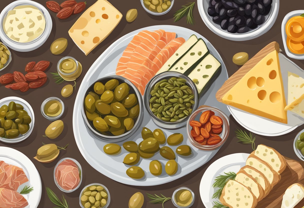 A table spread with olives, nuts, and cheese. A bowl of pickles and a plate of prosciutto. A jar of sun-dried tomatoes and a platter of smoked salmon