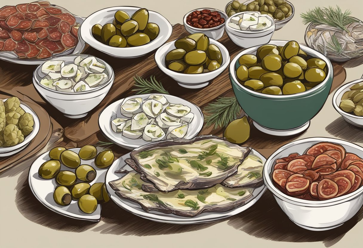 A table spread with olives, pickles, and cured meats. A bowl of feta cheese and a plate of anchovies. Sun-dried tomatoes and artichoke hearts in oil