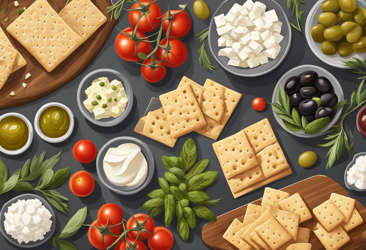 A variety of Mediterranean ingredients laid out on a wooden cutting board, including olives, tomatoes, feta cheese, and gluten-free crackers