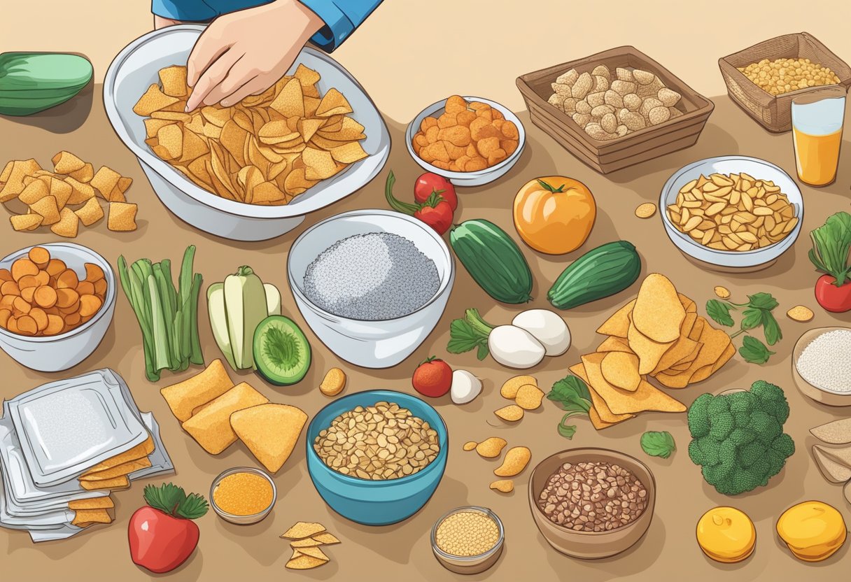 A table with a variety of salty snacks and high-sodium foods, alongside fresh fruits, vegetables, and whole grains. A person's hand reaching for a bag of chips