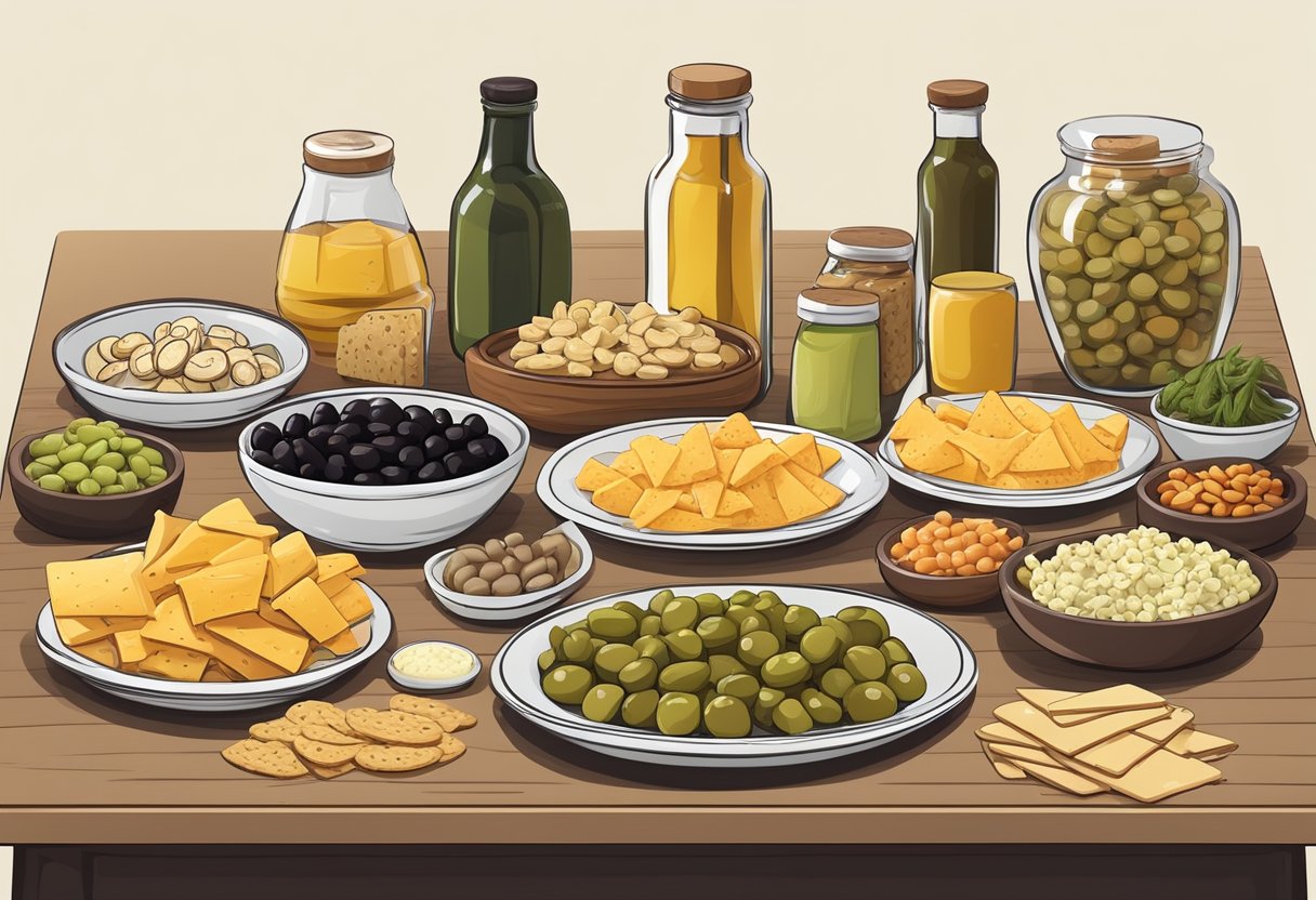 A table spread with a variety of salty snacks and high-sodium foods, such as olives, pickles, and cheese, alongside a selection of gluten-free Mediterranean diet options