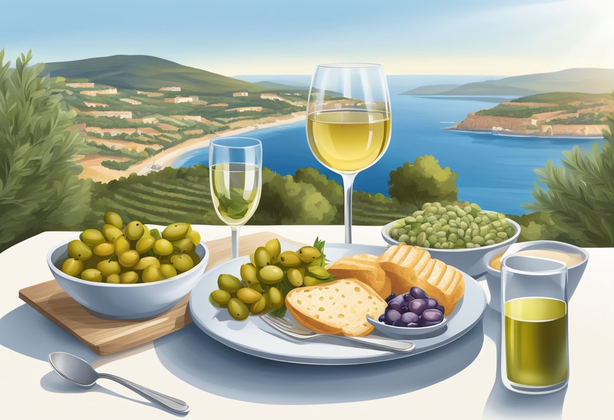 A table set with various gluten-free Mediterranean foods and a glass of wine, surrounded by olive trees and a view of the sea