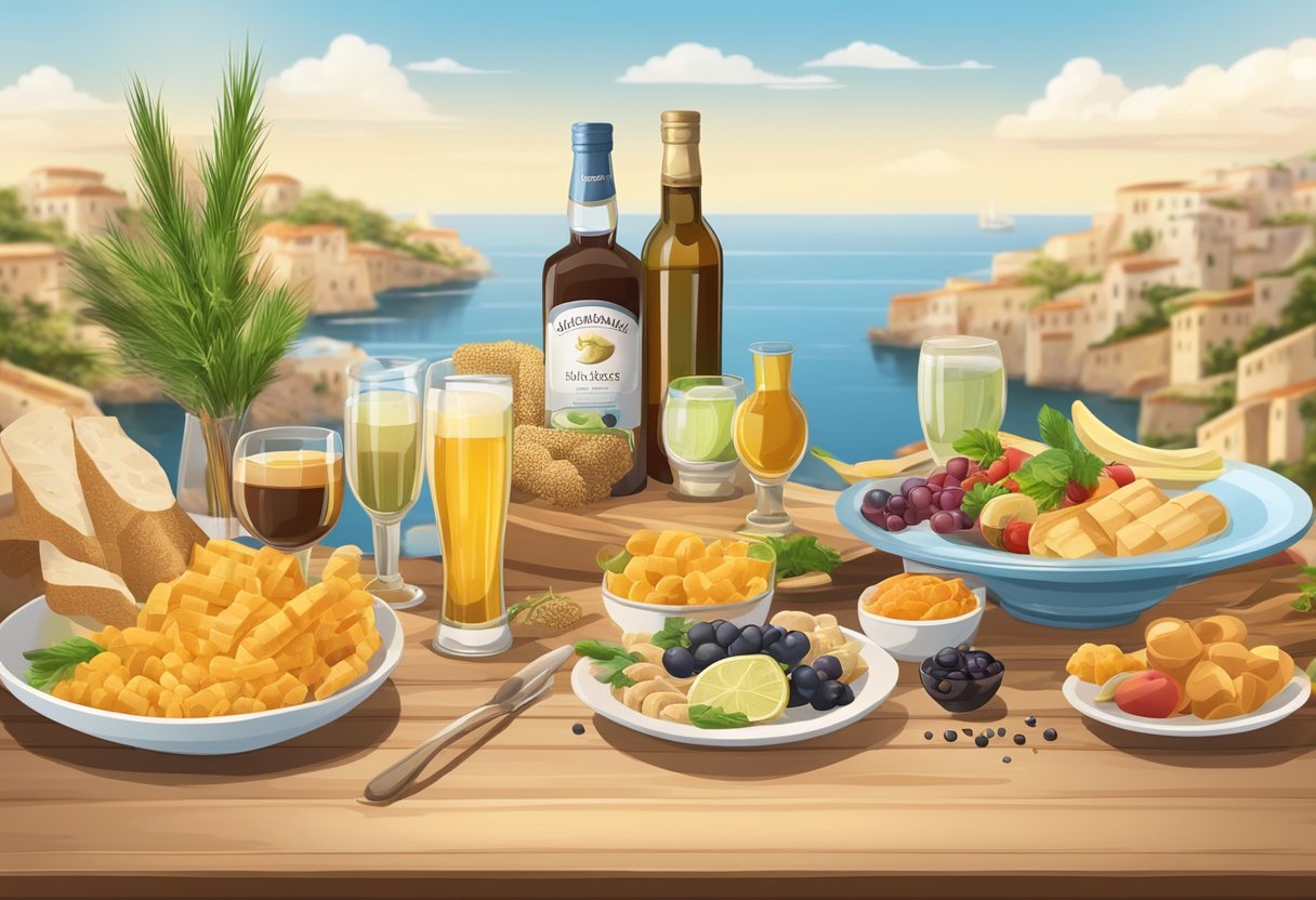 A table with gluten-free Mediterranean ingredients and a variety of alcoholic beverages, with a chart displaying limits and choices for a balanced diet