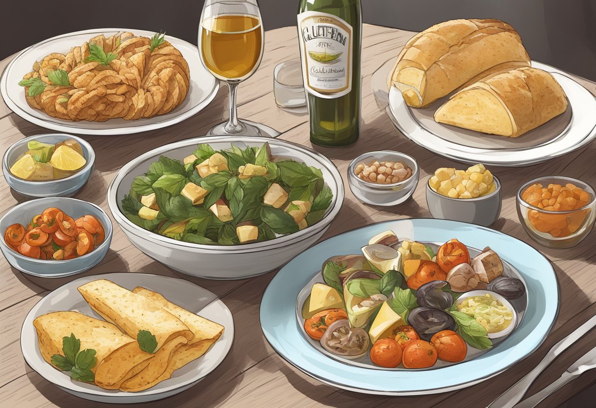 A table set with a variety of gluten-free Mediterranean dishes, accompanied by a selection of alcohol with clear labels indicating gluten-free options