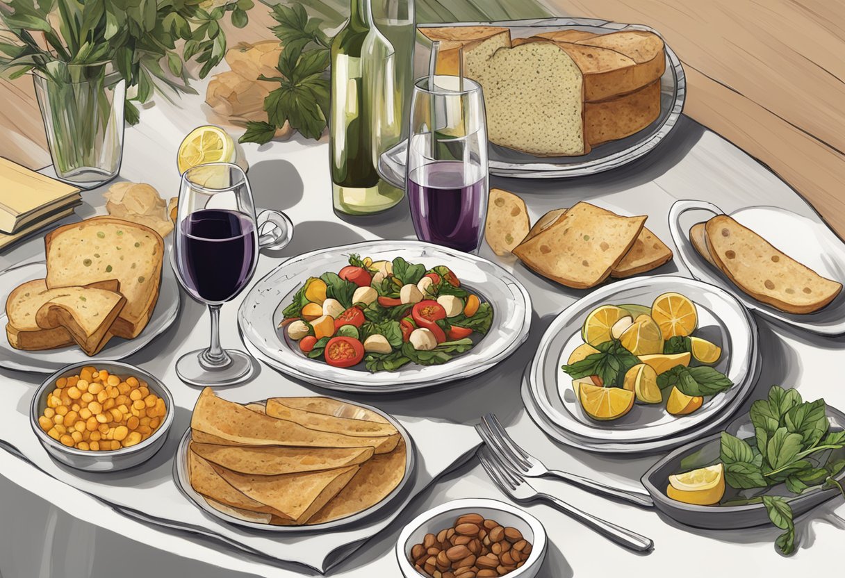 A table set with a variety of gluten-free Mediterranean foods and a glass of wine, with a book titled "Understanding Limits and Choices" open nearby