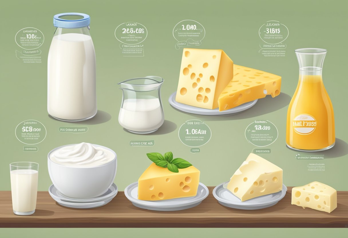 A table with a variety of dairy products, including milk, cheese, and yogurt. Labels indicate high lactose and high-fat content