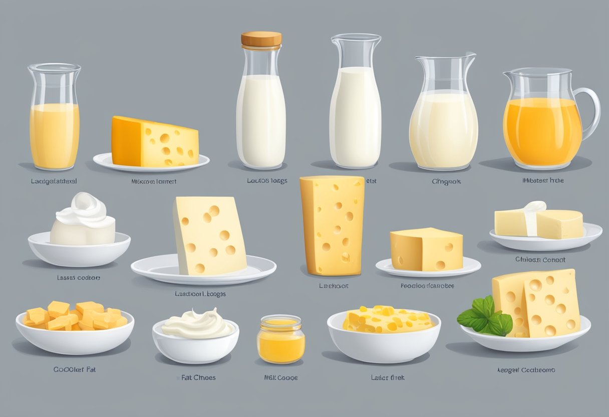 A table with a variety of dairy products, including cheese, milk, and yogurt, with labels indicating high fat content and lactose