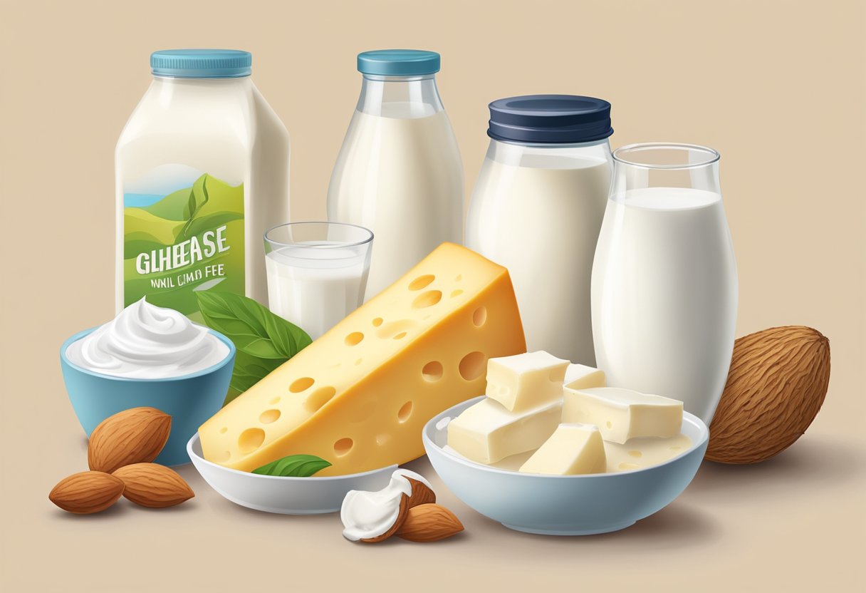 A table with dairy products: milk, cheese, yogurt. X marks on lactose and high-fat items. Mediterranean backdrop