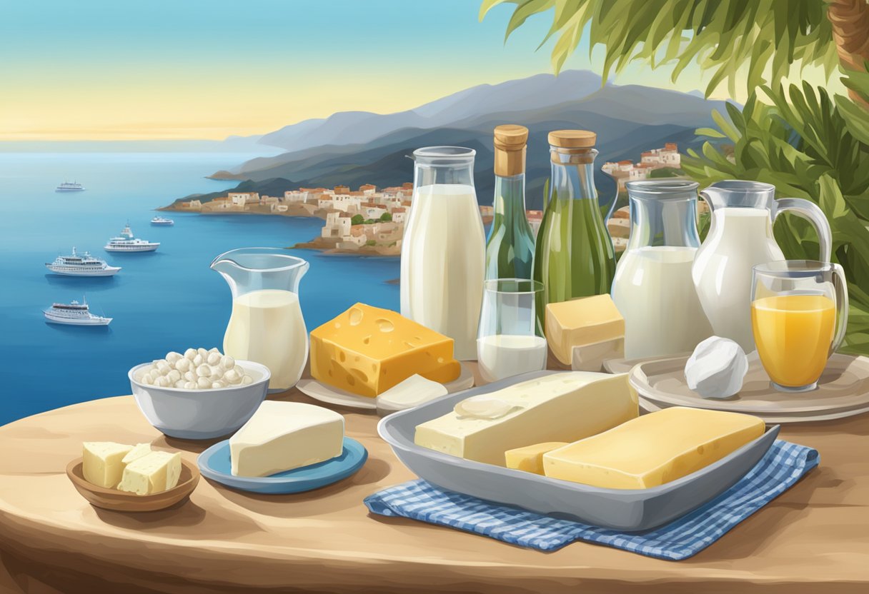 A table with various dairy products labeled "Limit" in a Mediterranean setting