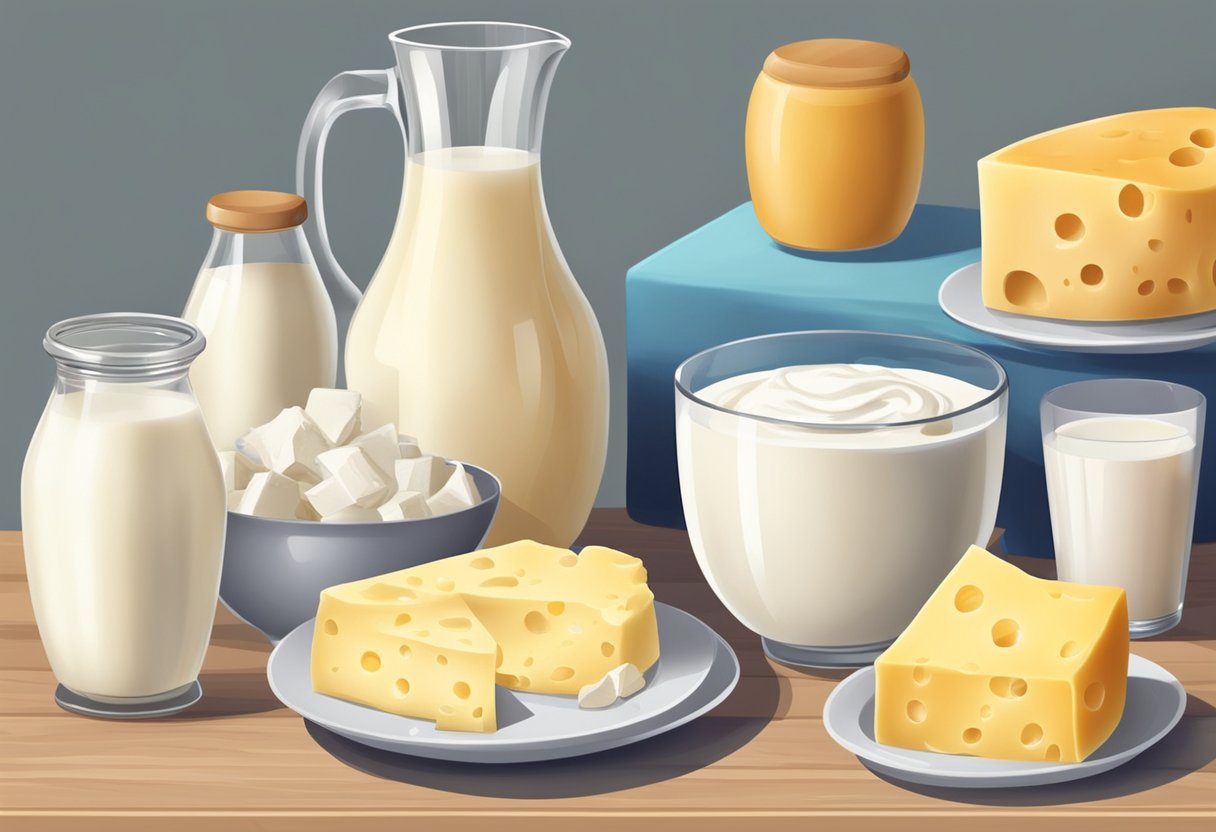 A table with various dairy products labeled "Limit" and "Avoid" on a Mediterranean-themed background