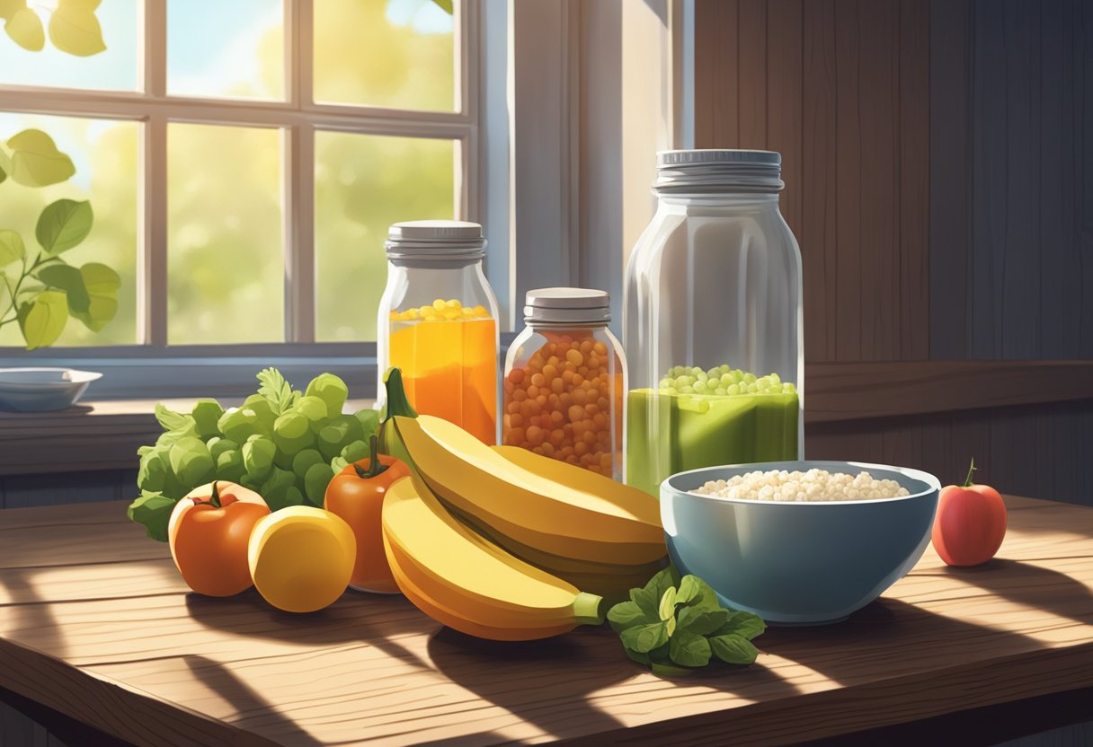 A bowl of fresh fruits and vegetables arranged on a rustic wooden table, with a bottle of artificial sweetener and a jar of additives nearby. Sunlight filters through a window, casting soft shadows on the scene