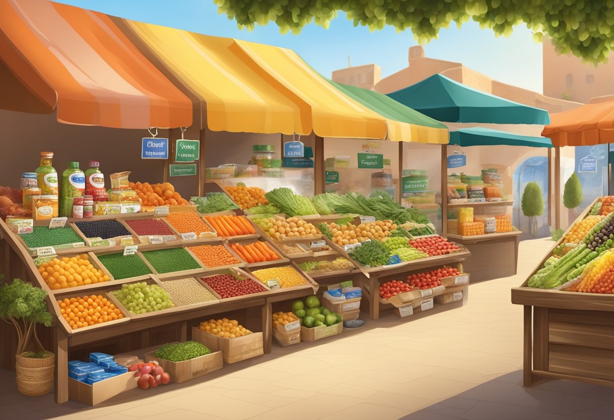 A colorful Mediterranean market stall displays fresh fruits, vegetables, and grains, while a label on a package of artificial sweeteners and additives stands out among the natural foods