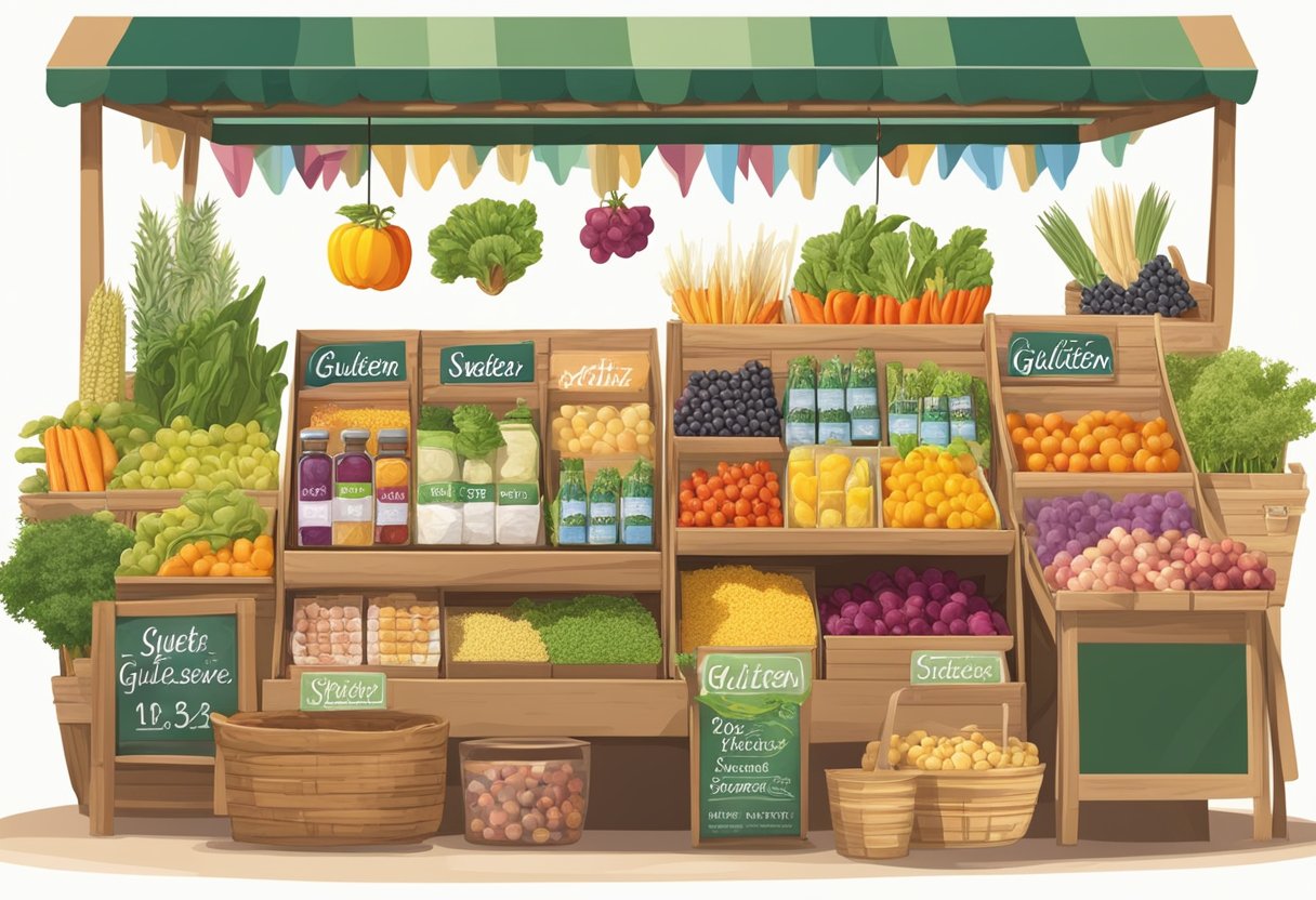 A colorful Mediterranean market stall displays fresh produce and gluten-free products, with clear labels indicating the absence of artificial sweeteners and additives