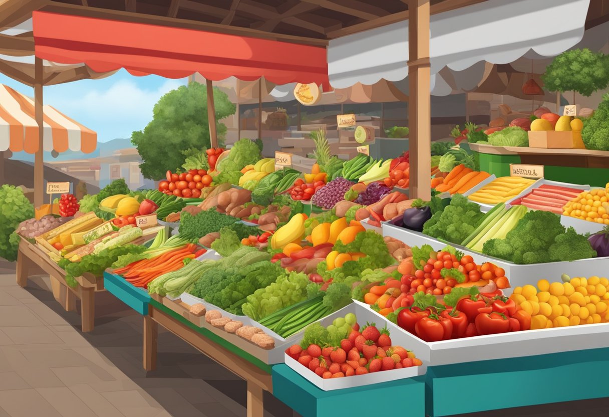 A colorful Mediterranean market stall displays an array of fresh fruits, vegetables, and lean meats. A sign promotes the health benefits of reducing red and processed meats in the diet