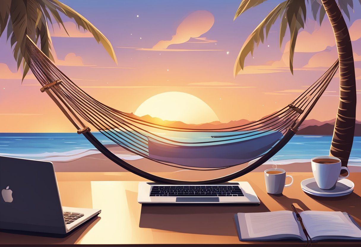 A serene beach at sunset, with a hammock swaying between two palm trees. A laptop sits on a table, surrounded by books and a cup of coffee