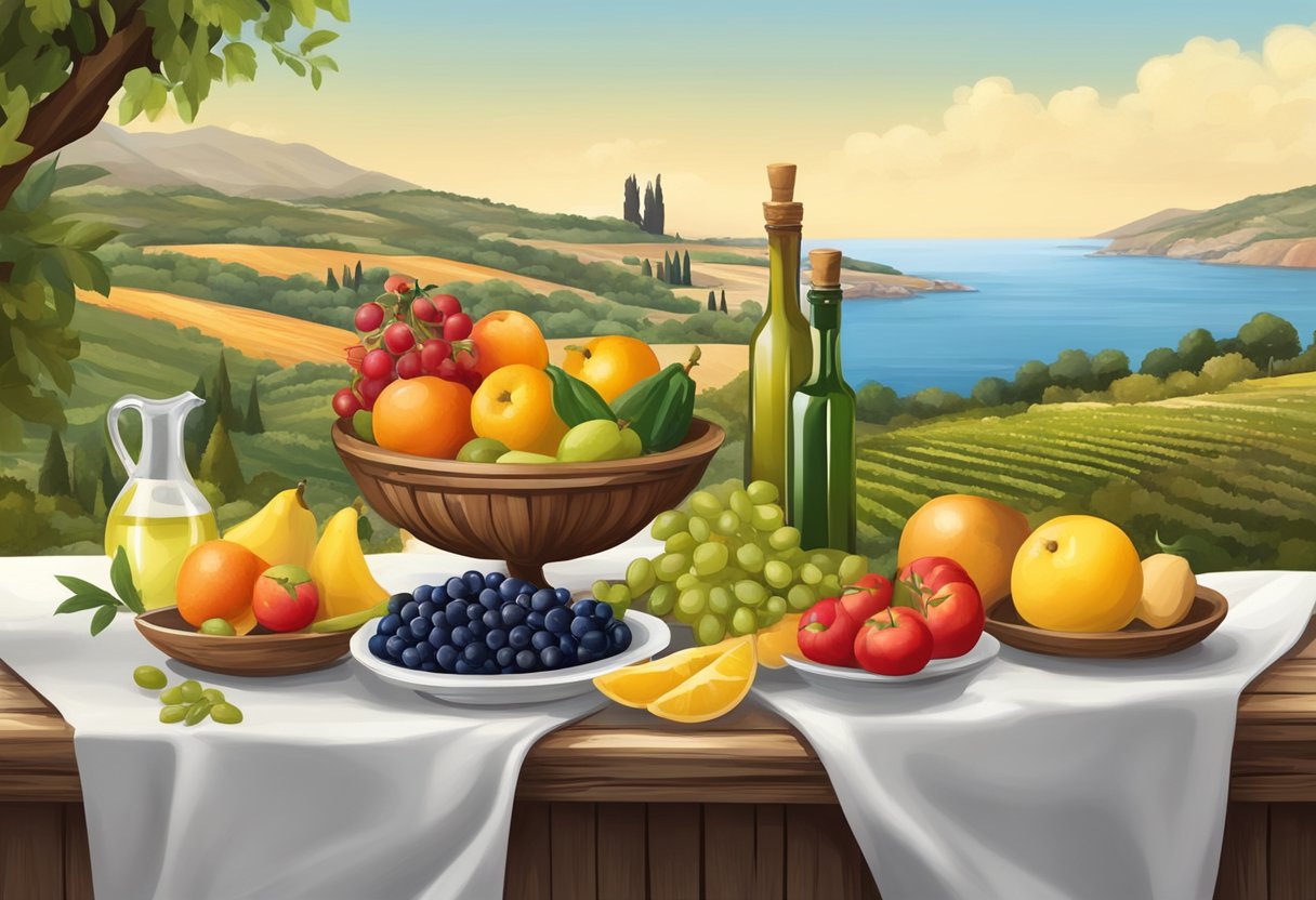 A rustic table set with colorful fruits, vegetables, and a bottle of olive oil, surrounded by Mediterranean scenery
