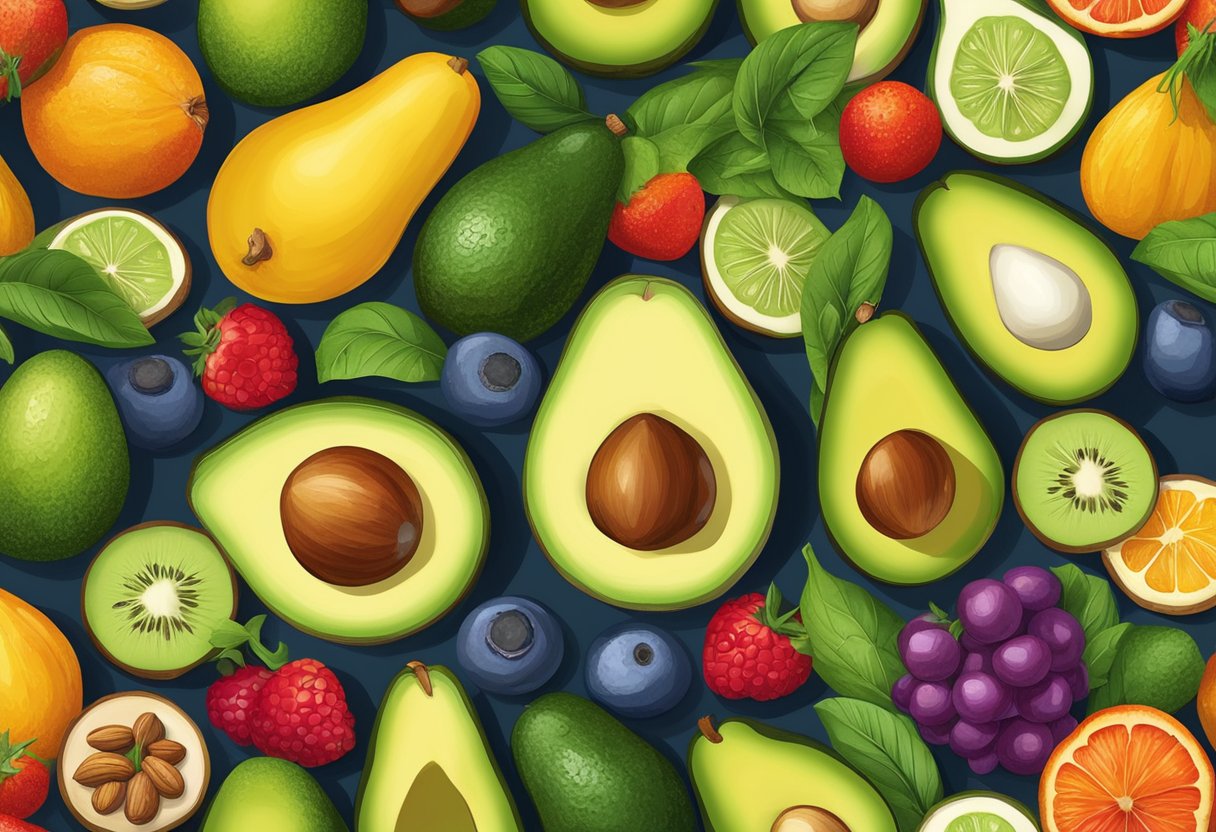 A colorful array of avocados, nuts, and fish, surrounded by vibrant fruits and vegetables, symbolizing the diverse sources of healthy fats in a Mediterranean diet