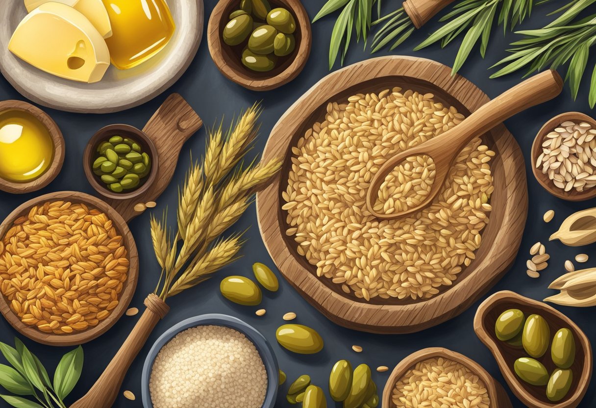 A rustic table displays a spread of gluten-free whole grains, olive oil, and other healthy fats. The scene evokes a Mediterranean diet with vibrant colors and natural textures