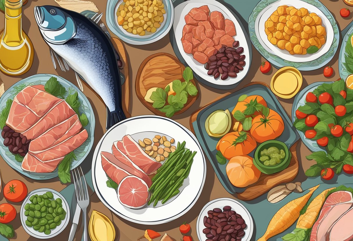 A table set with a variety of fish, meat, and legumes, accompanied by a bottle of olive oil. Vibrant fruits and vegetables surround the spread, showcasing the healthy fats and protein sources of a gluten-free Mediterranean diet