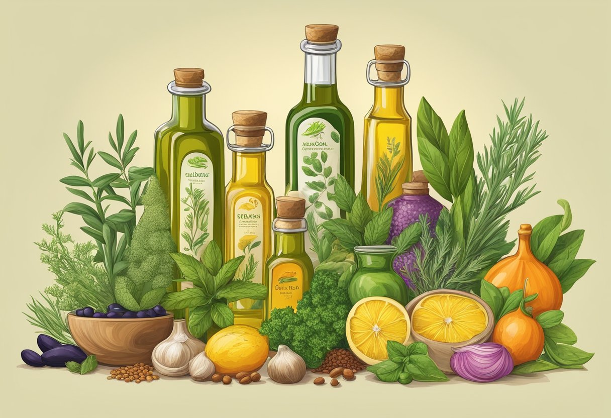 A colorful array of herbs, spices, and plant-based ingredients are arranged around a bottle of olive oil, showcasing the vibrant flavors of a gluten-free Mediterranean diet