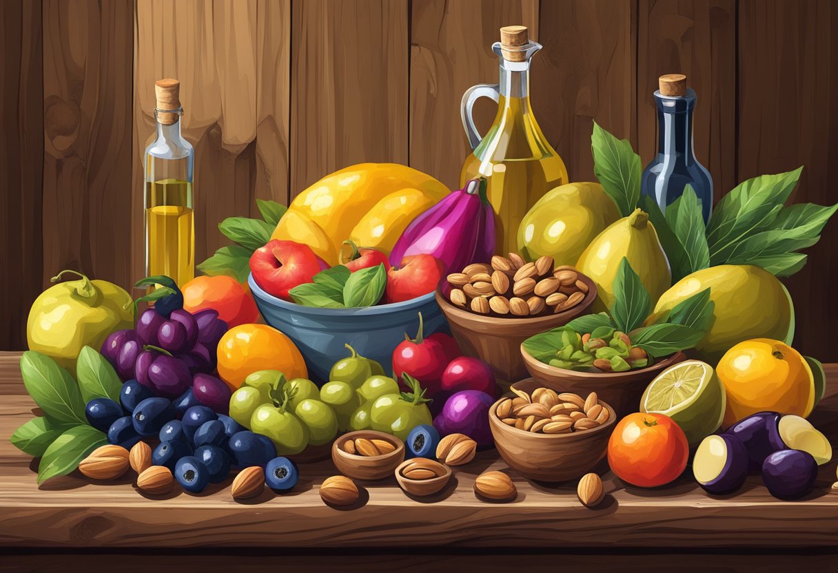A colorful array of fresh Mediterranean fruits, vegetables, nuts, and olives arranged on a rustic wooden table, with a bottle of golden olive oil as the centerpiece