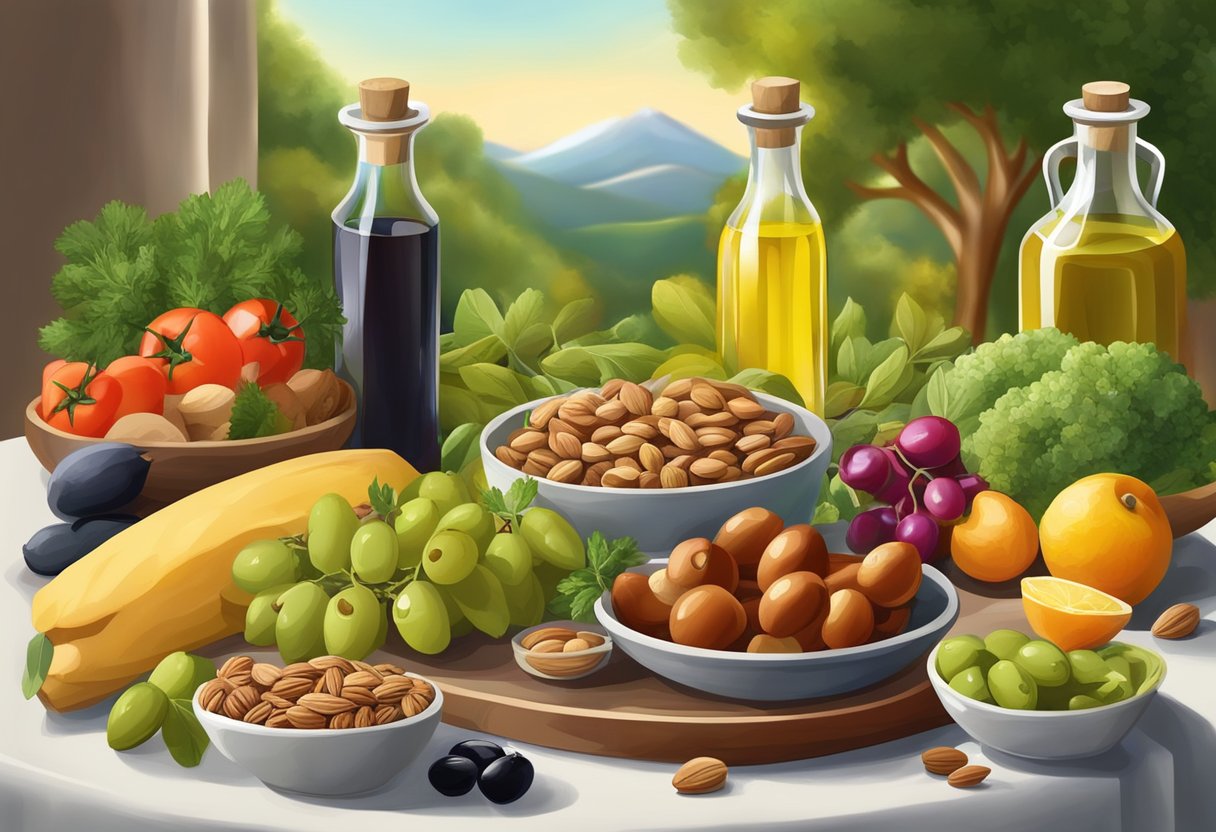 A colorful Mediterranean spread with olives, nuts, and olive oil on a table, surrounded by fresh fruits and vegetables
