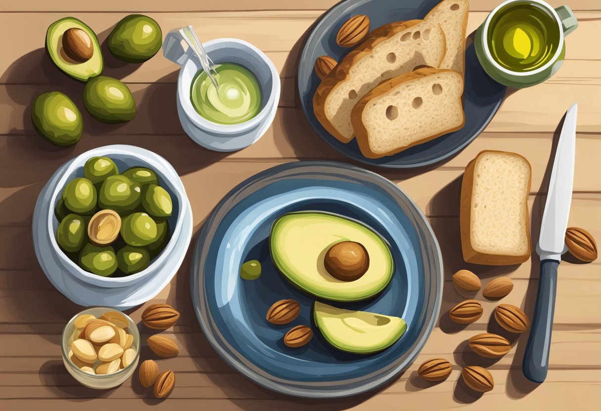 A Mediterranean table set with olives, avocados, and nuts. A bottle of olive oil sits next to a plate of gluten-free bread