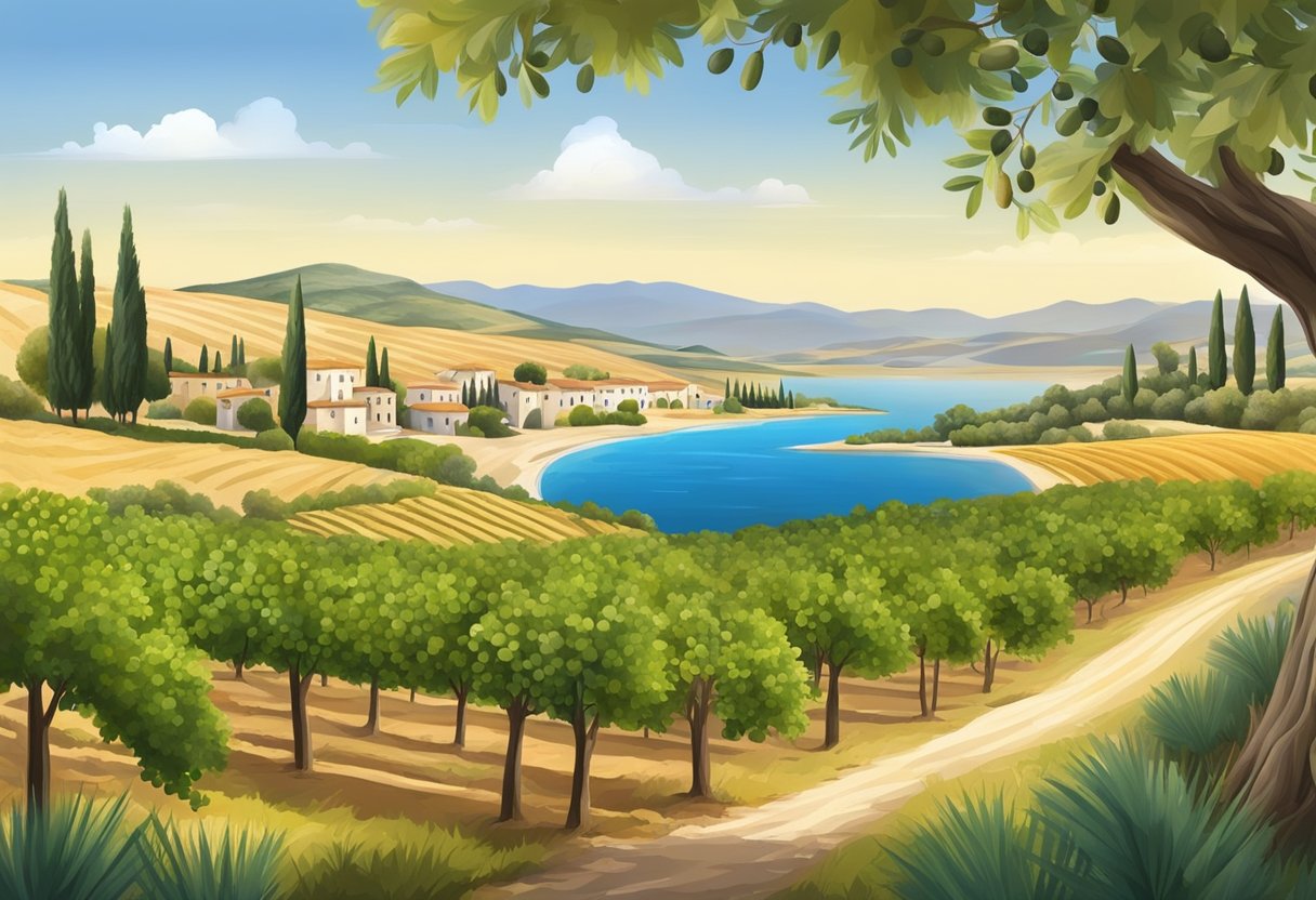 A Mediterranean landscape with olive groves, vineyards, and traditional Mediterranean foods such as olives, grapes, and wheat-free grains
