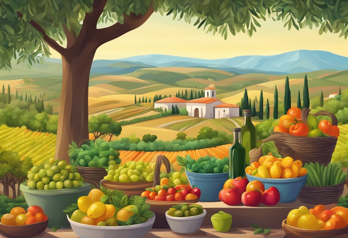 A colorful farmers' market with fresh produce, olive oil, and local foods. A Mediterranean landscape with rolling hills and a traditional olive grove