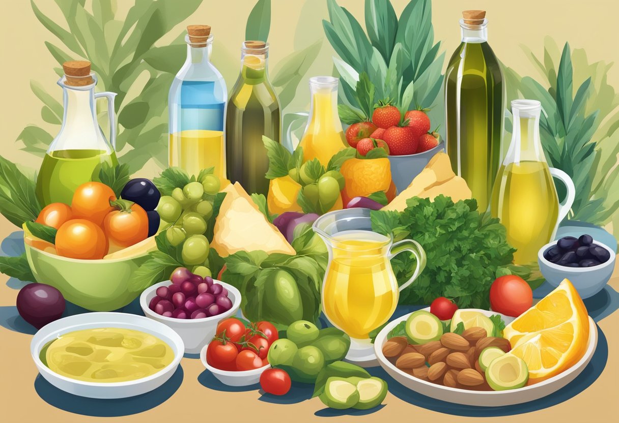 A table set with a variety of beverages, including water, olive oil, and other healthy fats, surrounded by Mediterranean fruits and vegetables