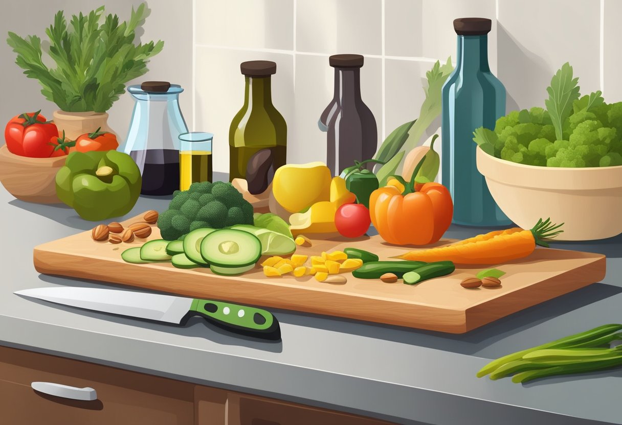 A kitchen counter with a variety of colorful vegetables, fruits, nuts, and bottles of olive oil and other healthy fats. A cutting board and knife are ready for meal preparation