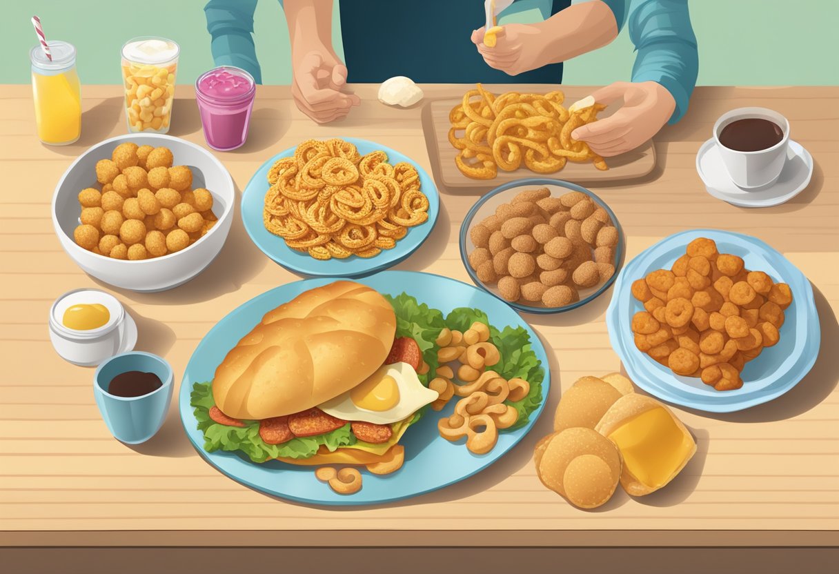 A table with unhealthy foods: trans fats, processed snacks, and fried items. A Mediterranean diet poster in the background