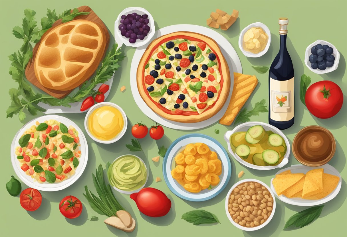 A table with Mediterranean foods and a red "X" over trans fats and other unhealthy fats
