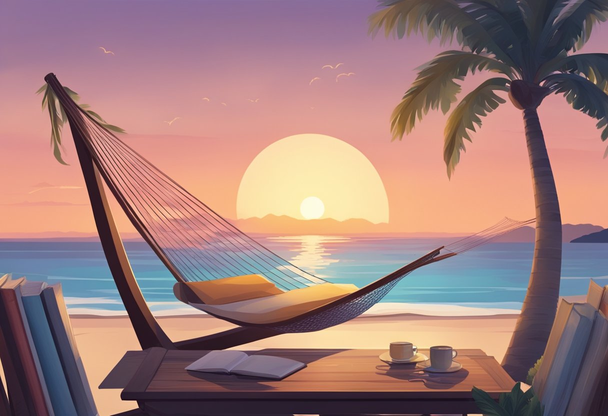 A serene beach at sunset, with a hammock swaying between two palm trees, overlooking the calm Mediterranean sea. A table is set with fresh fruits and a book, inviting relaxation and balance