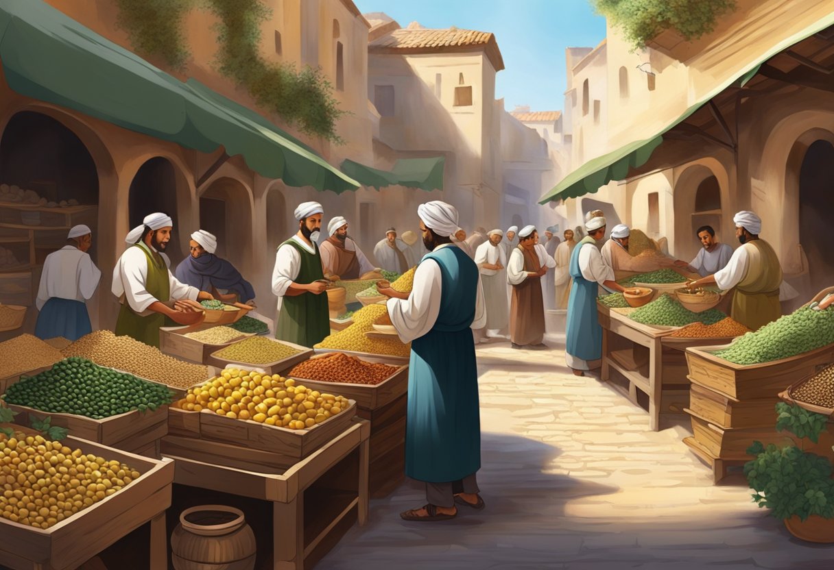 A bustling ancient marketplace with merchants selling olives, grains, and spices. The aroma of fresh herbs fills the air as people gather to exchange goods and recipes