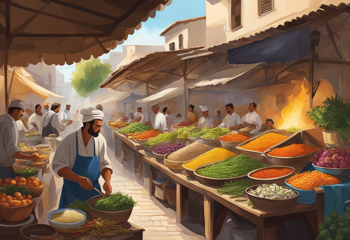 A bustling marketplace with colorful stalls of fresh produce, fragrant herbs, and exotic spices. A chef expertly prepares dishes over an open flame while locals gather to savor the flavors of the Mediterranean