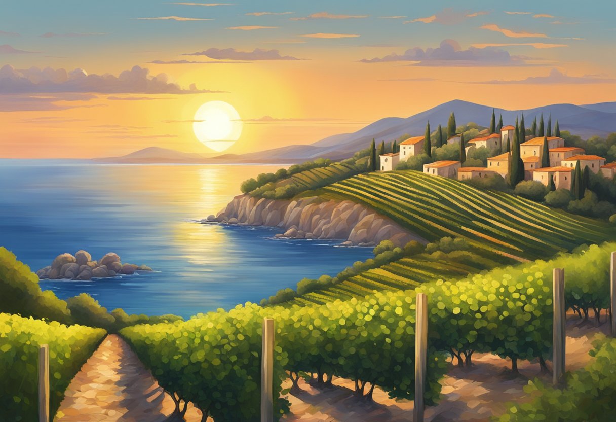 The sun sets over a rugged coastline, with olive groves and vineyards stretching towards the horizon. The warm Mediterranean sea breeze carries the scent of herbs and citrus fruits