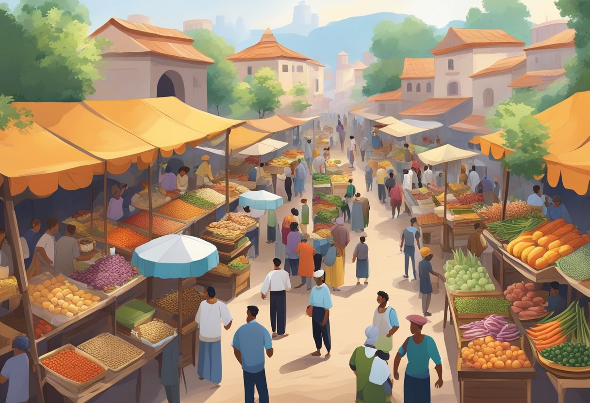 A bustling marketplace with colorful stalls filled with fresh fruits, vegetables, and spices. The aroma of sizzling meats and freshly baked bread fills the air as people gather to sample and trade goods