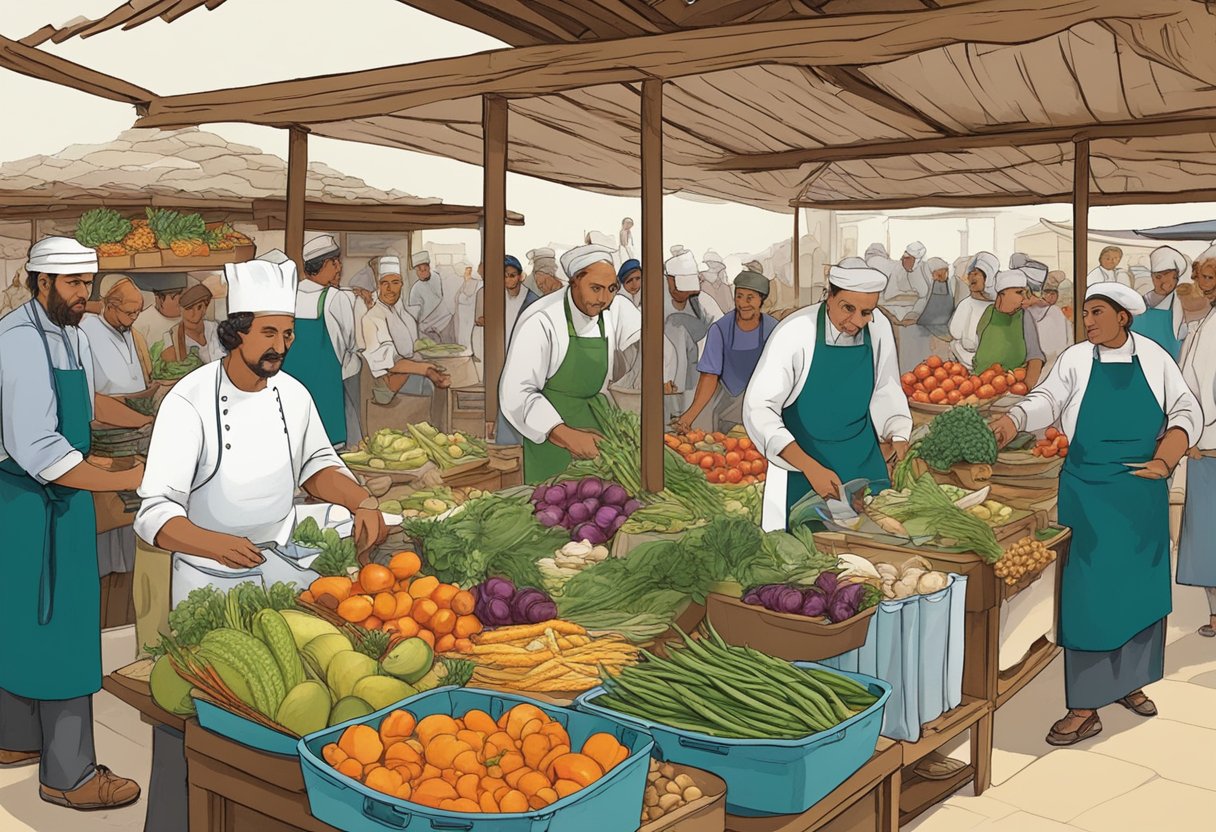 A bustling marketplace with vendors selling fresh produce and fish, while chefs prepare traditional Mediterranean dishes using techniques passed down through generations